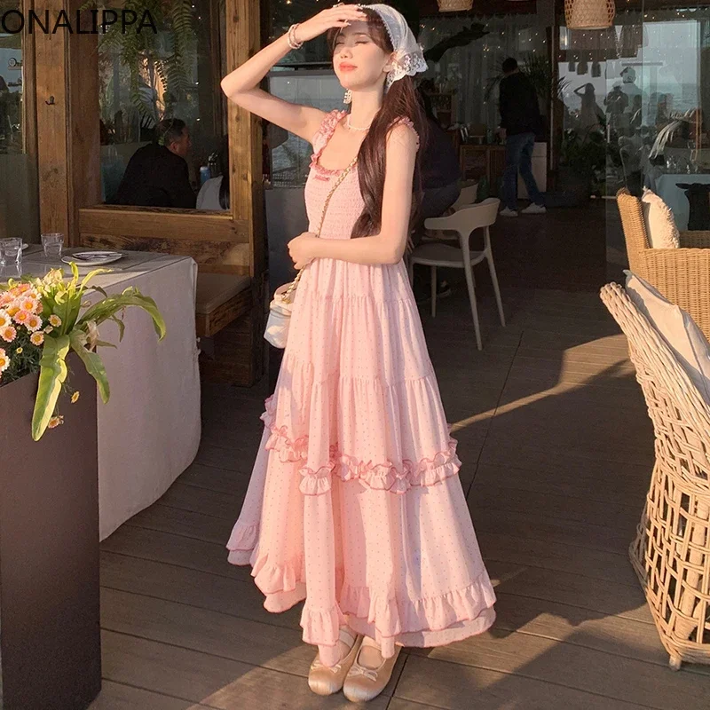 Onalippa Sweet Wood Ear Hem Dot Pink Dress elastico petto vita alta abiti Kawaii coreano A Line All Match Vestidos Women