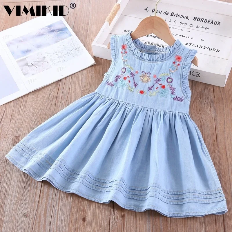 Girl Denim Dress Fashion Kids\' Embroidered Sleeveless Vest Dress For Little Girls Dresses Boutique Outfits 2-7 Years Old