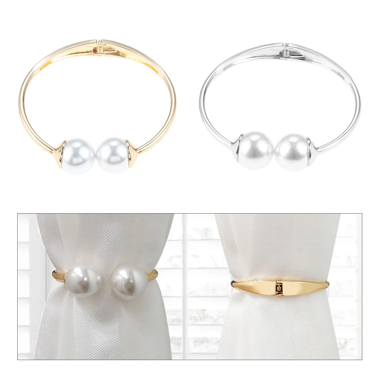 4pcs Curtain Tiebacks Decor Pearls Spring Buckle Tighten Curtains Easy Install Buckle Silver Golden  Home/Hotel/Office Ornament