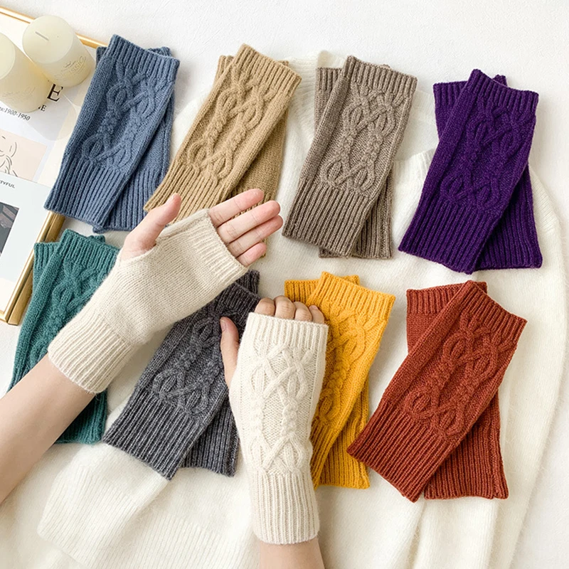 

New Crochet Weave Half-finger Gloves Female Winter Wool Warmth Fingerless Students Touch Screen Thick Knitted Mittens Handmade