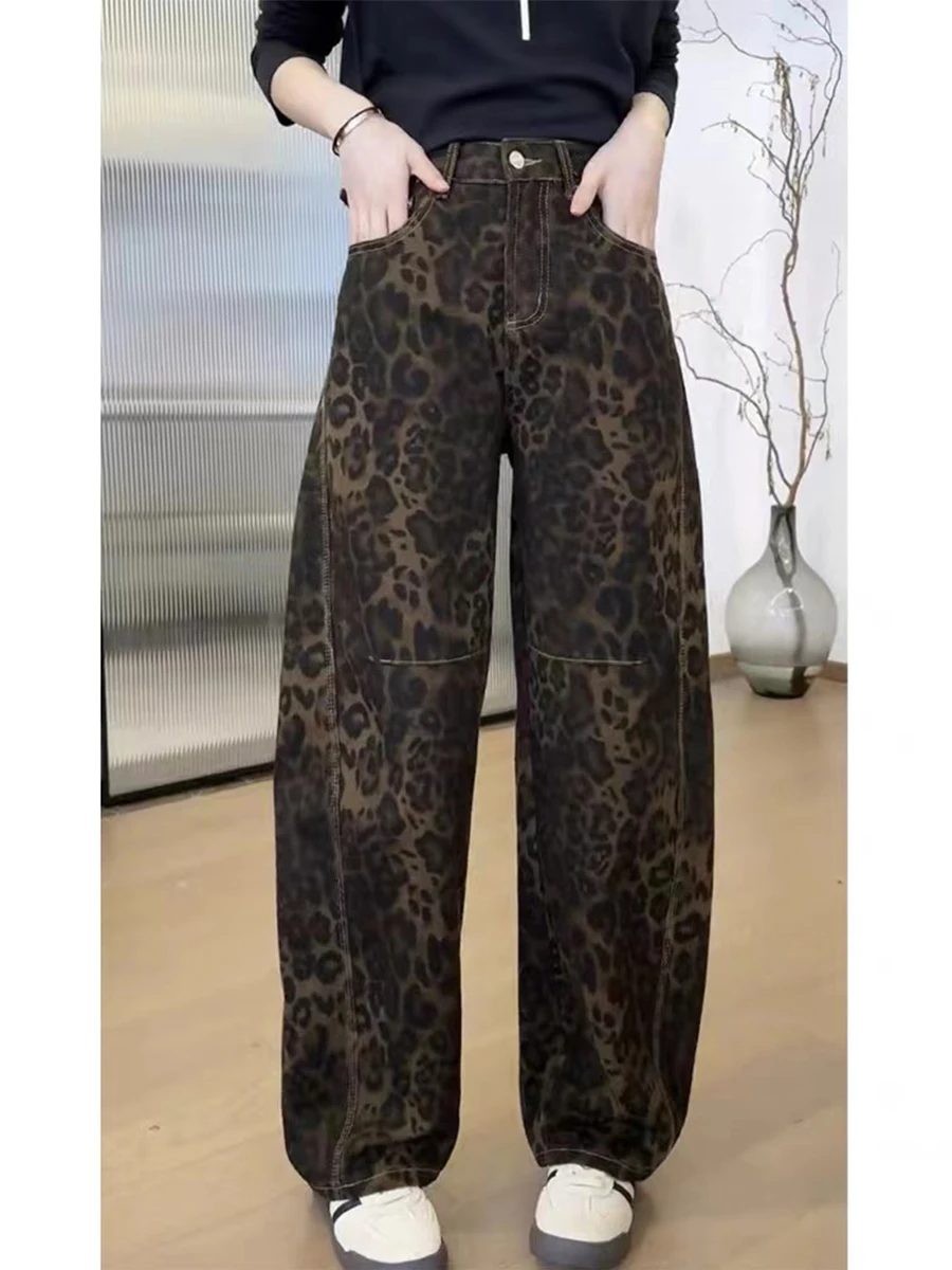 

Прямые джинсы с американским леопардовым принтом больших размеров, женские свободные широкие брюки с высокой талией, осенний сезон, утягивающие брюки