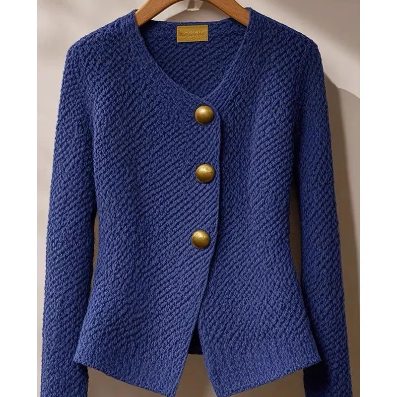 Autumn Winter Fashion Solid Chic Button Thick Knitter Cardigan Women's Clothing Elegant Wool Slim V-neck Commute Blue Sweaters