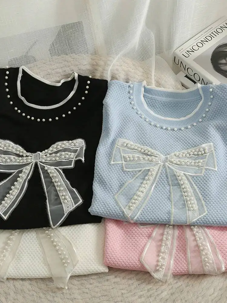 Korean Version Nail Bead Mesh Bow Round Neck Short Sleeve Top Women\'s 2025 New Waist Closing Thin Knitted T-shirt