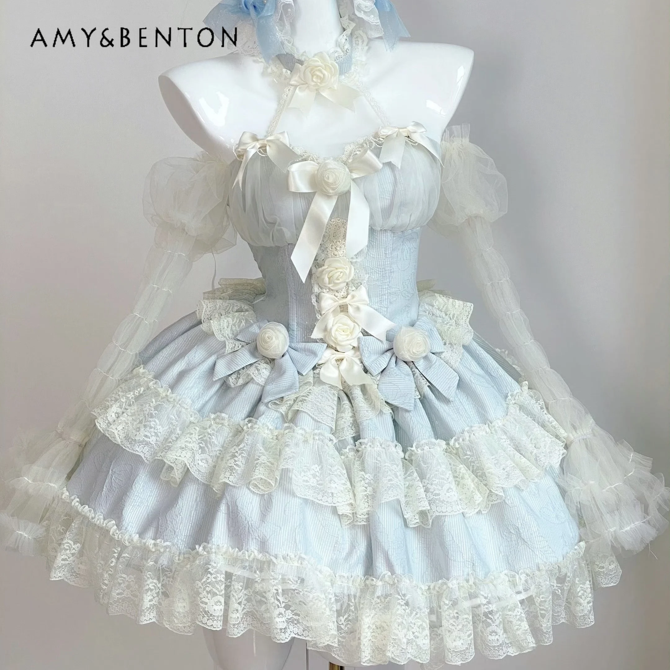 

Lolita Temperament Fairy Halter Tutu Dress Sweet Cute Three-dimensional Flower Lace Multi-layer Dresses Birthday Dress for Women