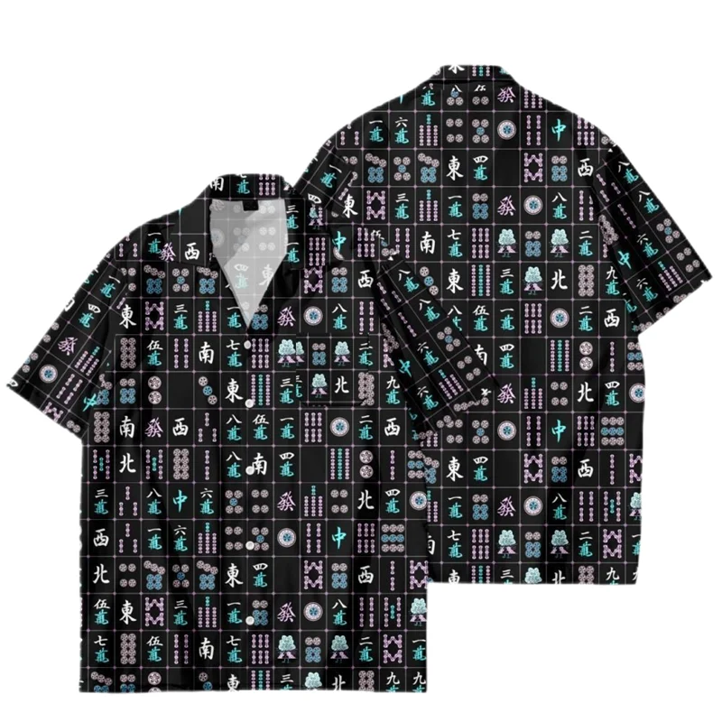 Streetwear Male Boy Lapel Top Hip Hop Mahjong Graphic Blouses Mah-jongg 3D Printe Shirts For Men Clothes Casual Short Sleeve