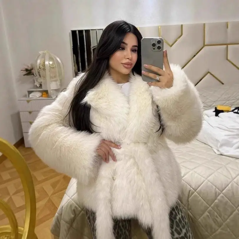 

Women's ort Artificial Fur Coat Autumn Winter New Sle Homeaway Faion Outerwear Coat with Hat Waist-Cinching Design