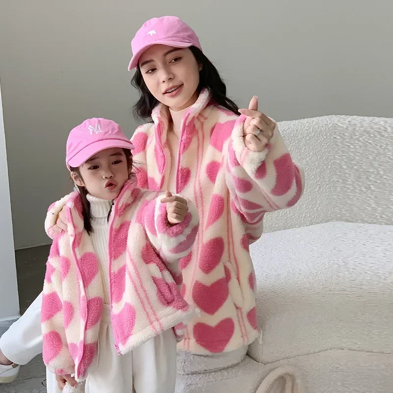 Mother and Dughter Pink Thick Coat Winter Warm Woman Fleece Jacket Mom and Son Matching Sweatshirts with Zipper Baby Outerwear