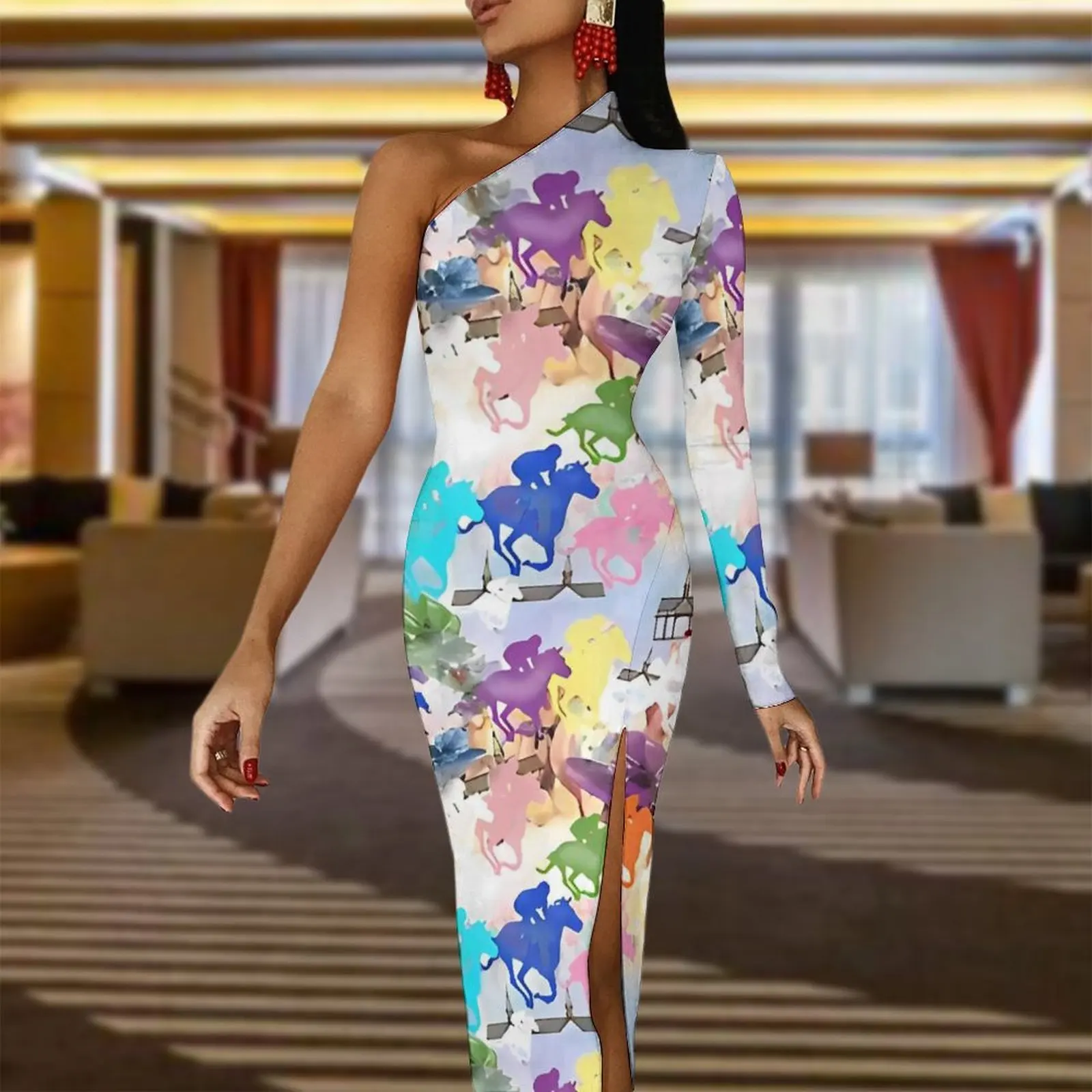 Off to The Horse Races Maxi Dress Long Sleeve Animal Trendy Bodycon Dress Autumn Party Long Dresses Ladies Graphic Vestidos