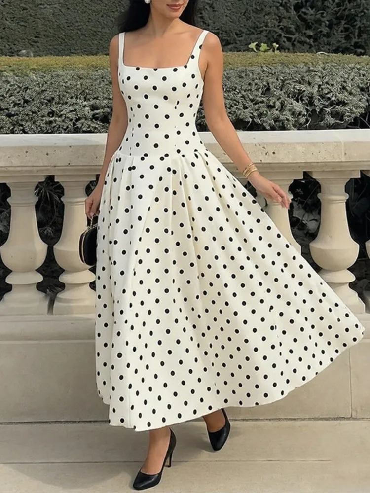 Nieuwe zomer elegante dames polka dot spaghetti boho maxi-jurk, vintage vloeiende lange jurk, chique vakantie strandfeest vestidos