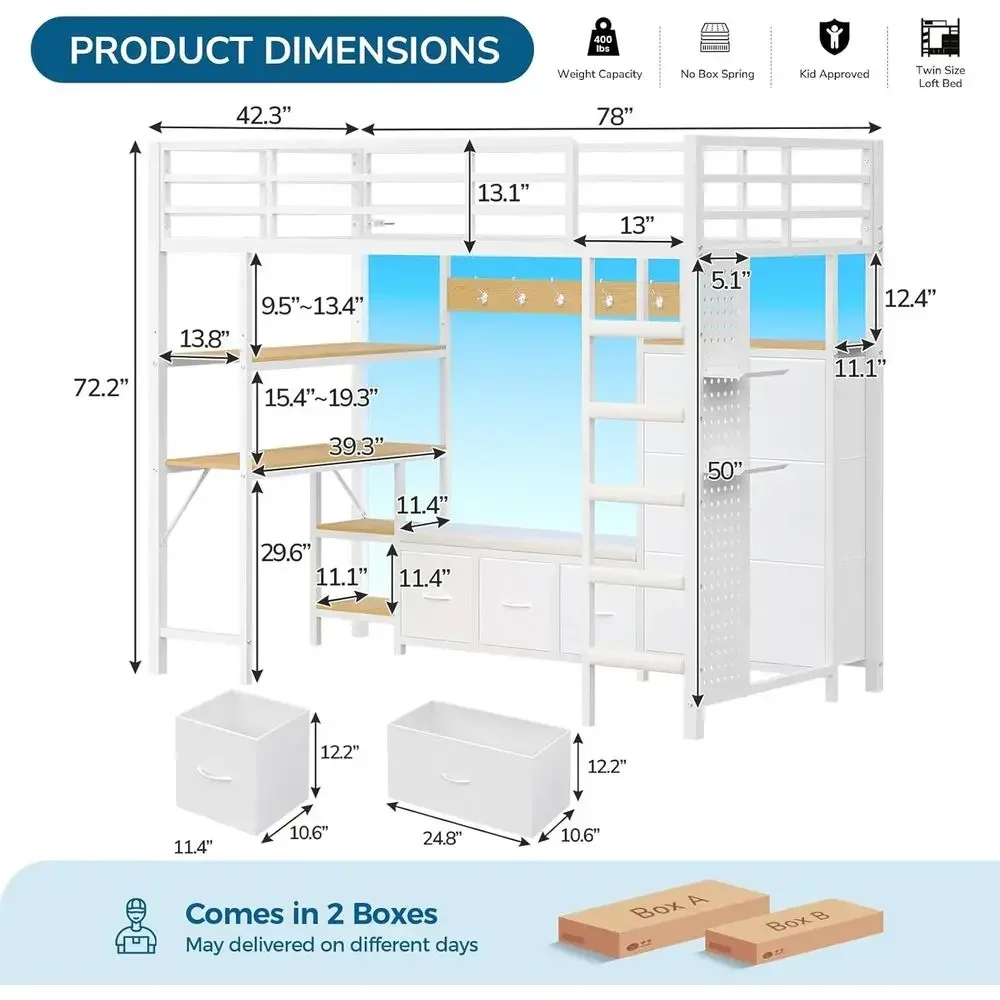 Twin Size Metal Bed with Desk, Storage Drawers, Hall Tree, Pegboard, LED Lights, Charging Station, Safety Rail, Ladder - No Box