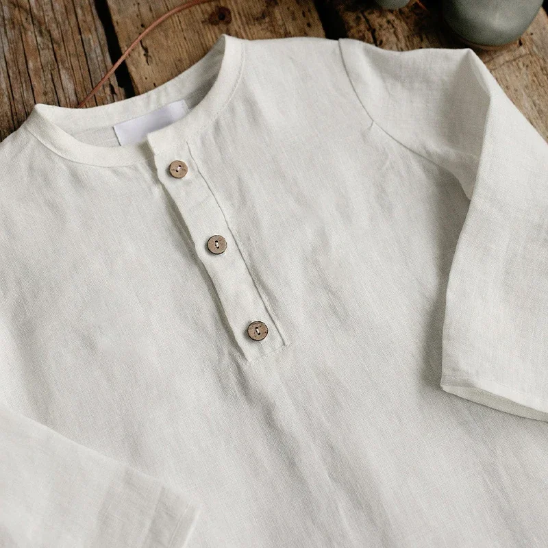 Children\'s Linen Long-Sleeved White T-Shirt Chic New Daily Casual Loose Baby Kids Button-up Autumn Blouse Cotton Linen Clothing