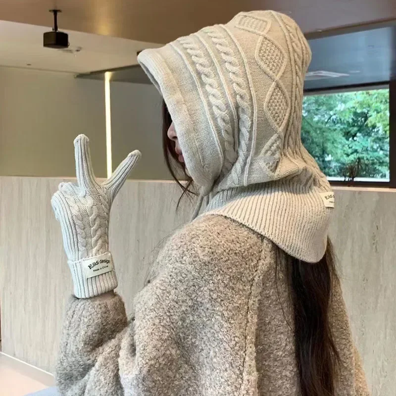 

Winter Knitted Hat Gloves Set Warm Thicken Balaclava Imitation Cashmere Scarf Set Wool Korea Shawl Split Finger Pullover Hat