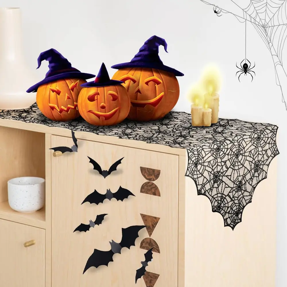 1 Stück Halloween-Dekoration, Tischläufer, Spinnennetz, schwarze Spitze, Tischläufer für Küche, Esstisch, Halloween-Dekoration für den Innenbereich – Detail 12