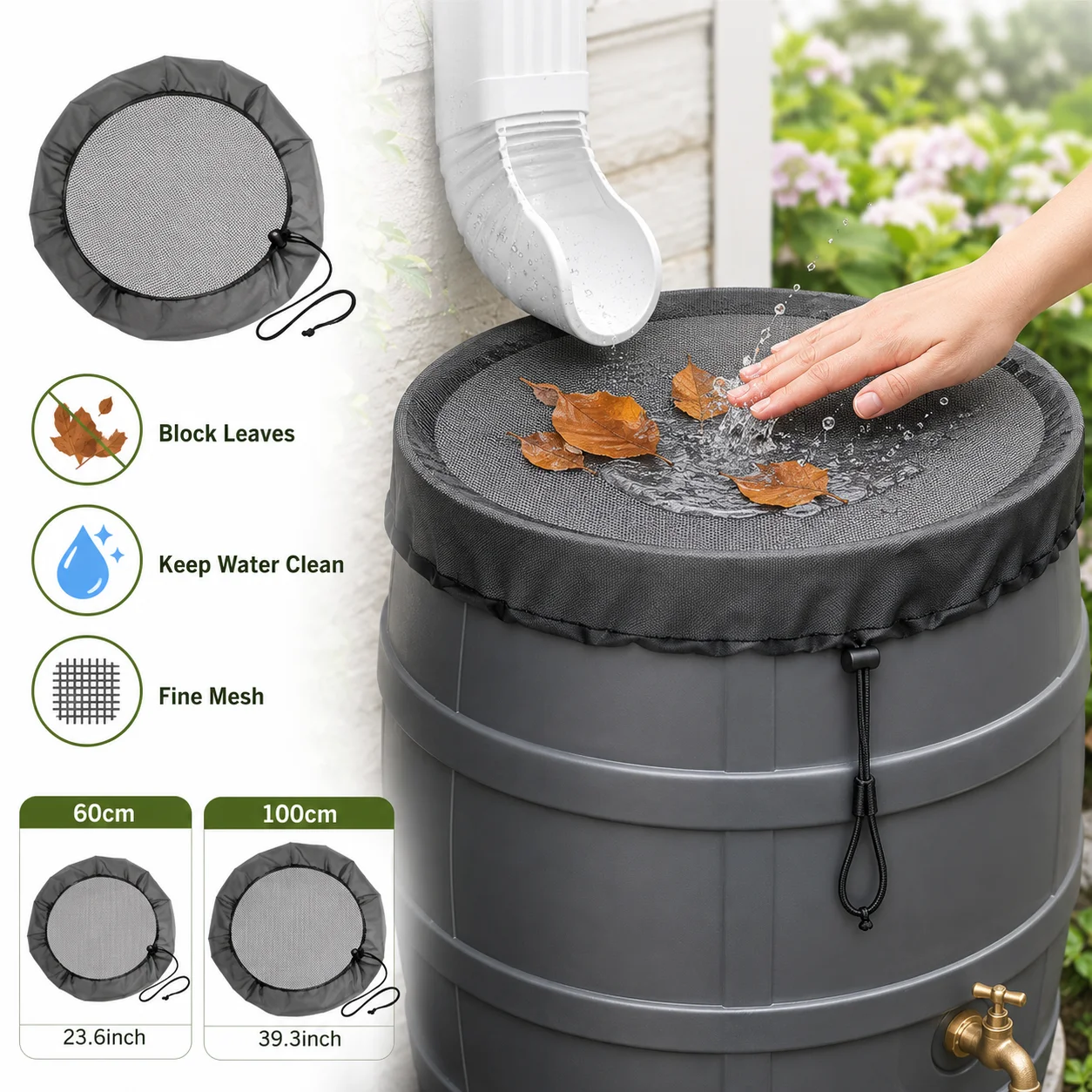 Rainwater Collector Tank Mesh Cover Drawstring Screen Net for Rain Barrel Water Bucket Garden Outdoor Cleaning Tool Use Reusable