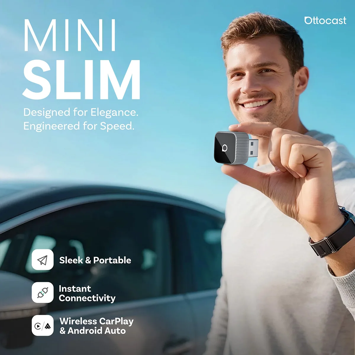 2026 Ottocast Mini SLIM Wireless CarPlay Android Auto Adapter for iPhone Android Phone Smallest 2 IN 1 USB Dongle Fast Connect