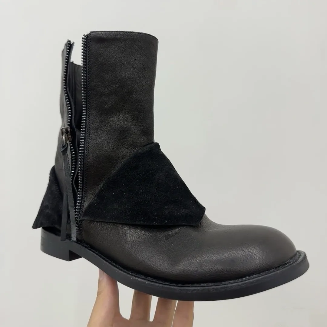 

Leather Niche Design Upper Splicing Big Head Round Head Side Zipper Thick Heel Boots for Women Short Boots