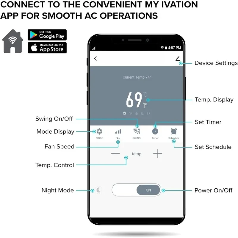 12,000 Btu Draagbare Airconditioner Wi-Fi Voor Kamers 3-In-1 Slimme App Controle Koelsysteem Ontvochtiger Afstandsbediening