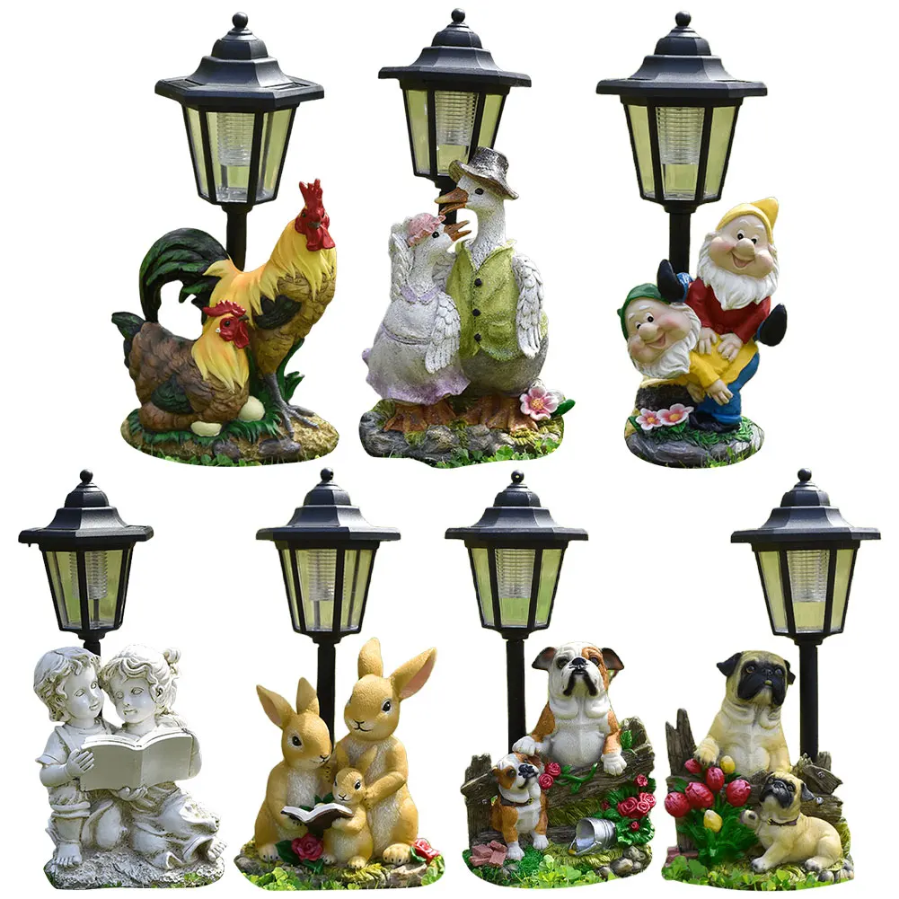 Solar Powered Hexagonal Garden Lamp Resin Cute Figurine Light Animal/Child/Gnome Hexagonal Decorative Lamp Courtyard Decoration