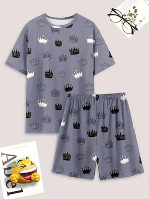 

Men's casual pajama set, crown printed T-shirt and shorts, comfortable summer sleepwear