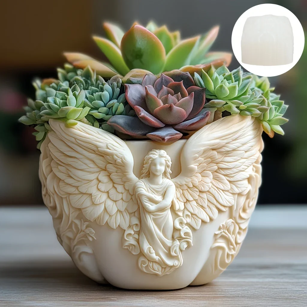 

Angel wings succulent plant flowerpot resin silicone mold goddess relief storage box mould wings Maria candle cup gypsum molds