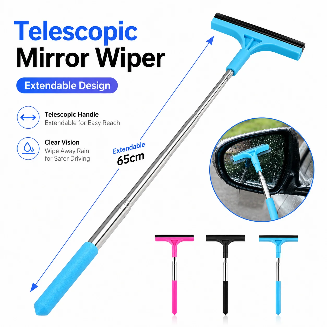 Extendable Car Rearview Mirror Wiper Portable Window Squeegee ABS Metal Cleaning Tool 20cm to 65cm for Travel Rainy Days