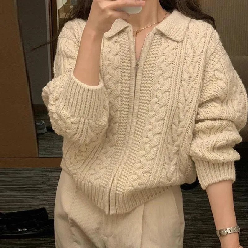 

Vintage Sweater Women Zip Polo Neck Wool Twists Winter Clothes Women Knitted Crochet Sweater Korean Fashion Cardigan Female