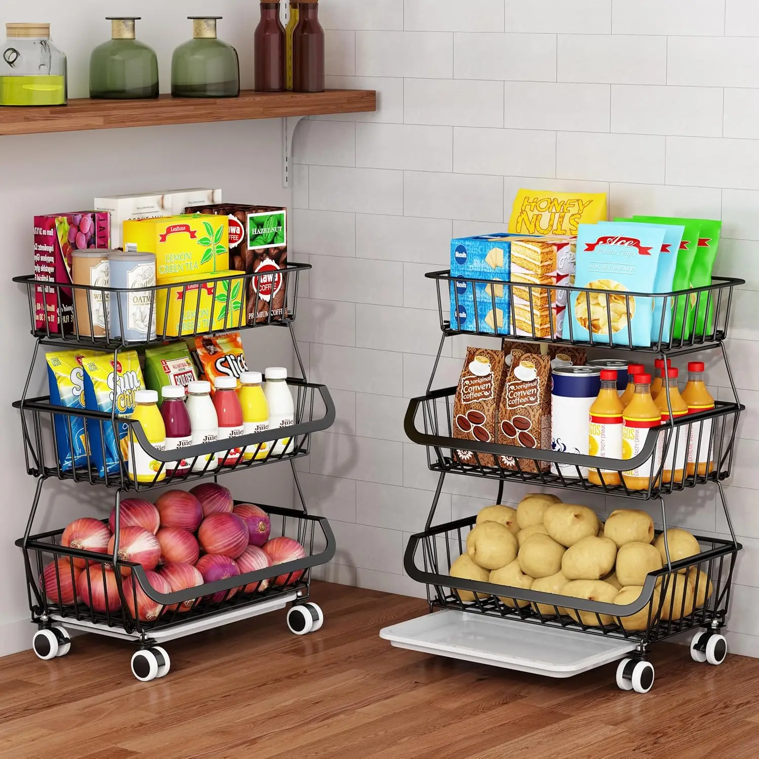 

3-Tier Rolling Pantry Floor Organizer, Stackable Pantry Storage Cart with Wheels, Metal Wire Pantry Baskets, Kitchen Fr