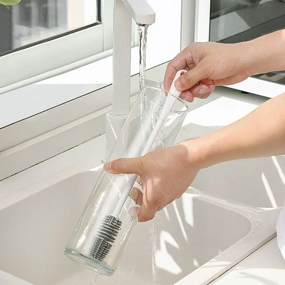 Long Handle Silicone Bottle Brush 360° Head Non-Scratch Bottle Cleaning Tool Non-Toxic Heat-Resistant Glass Cup Cleaner Travel