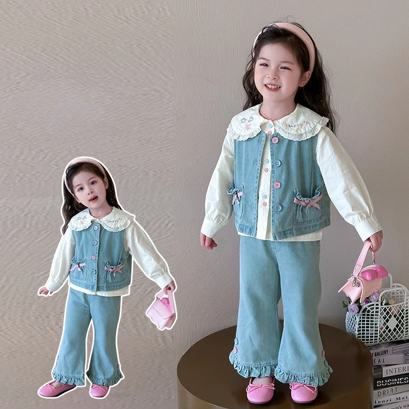 Girls Cowboy Set Spring 2025 New Style Small Girls Stylish Doll Collar Shirt Vest 3 Piece Set
