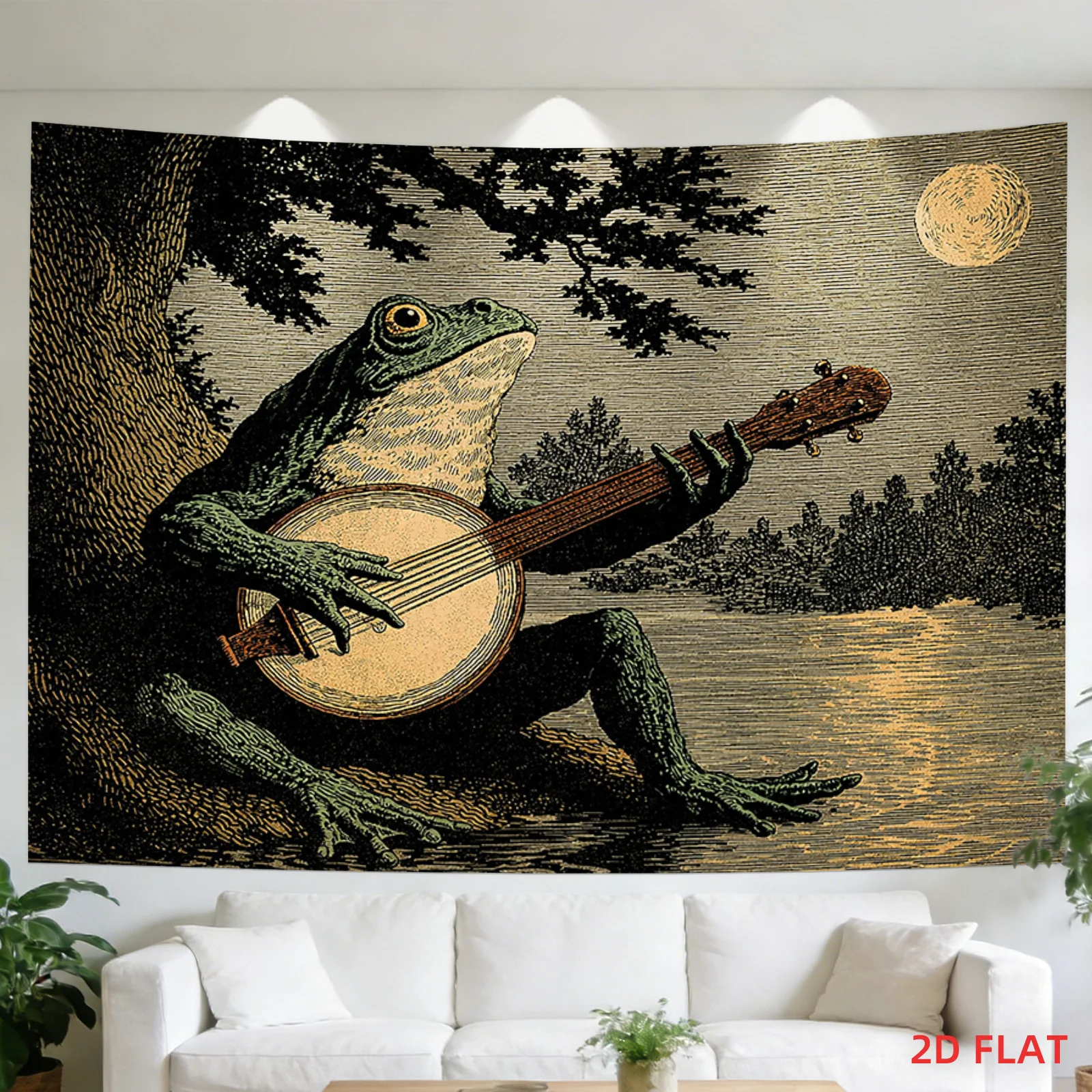 Whimsical Frog Playing Guitar Wall Tapestry Art Boho Jungle Decor Illustration Vintage Amphiibian Music Hanging Home Decoration
