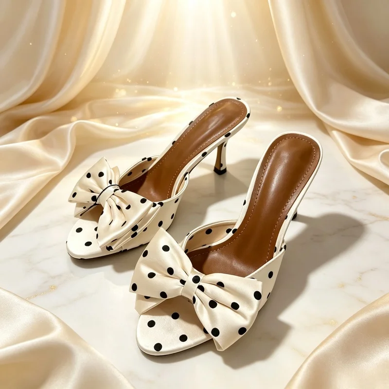 Women Open‑Toe Slide‑On High‑Heel Mules, Ivory Satin With Black Polka‑Dot and Big Bow Decoration, Sweet Vintage Cocktail Style