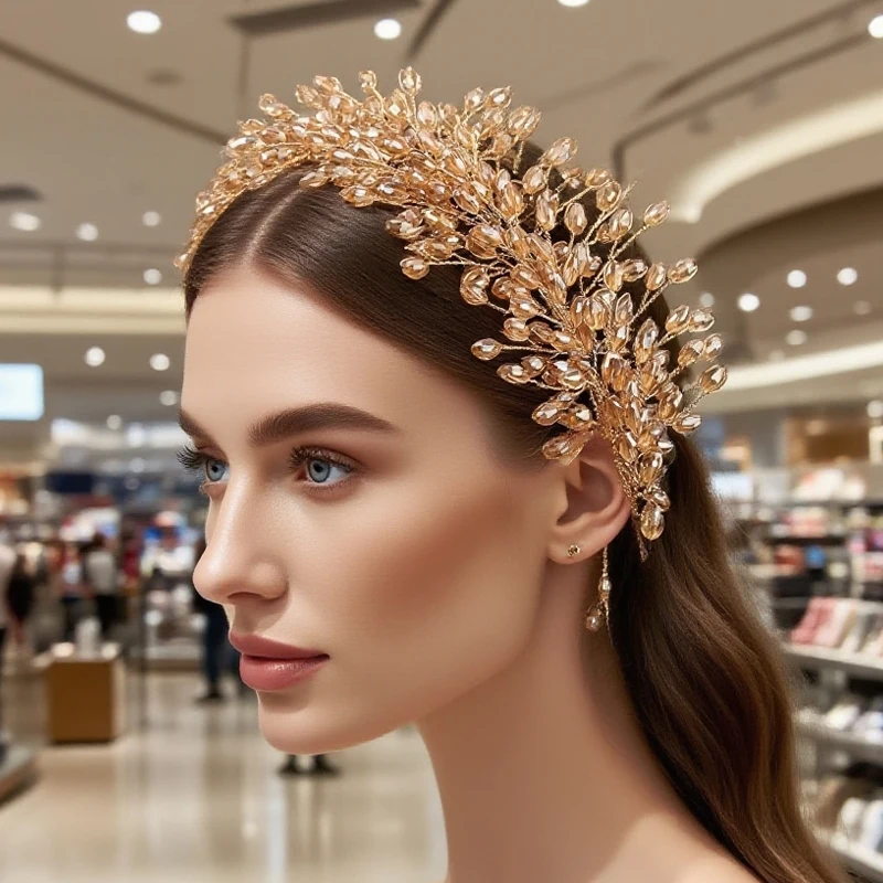 

Champagne Crystal Hairband for Brides Handmade Headdress Wedding Dress Accessory High-End Stage Styling