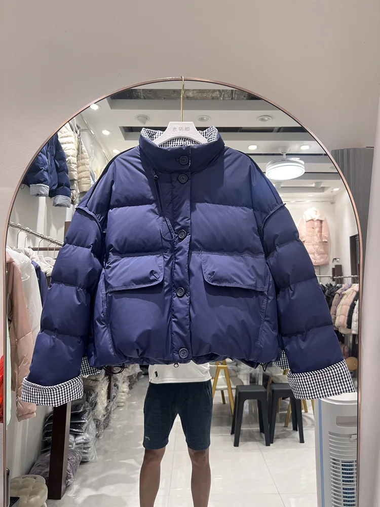 韓国版スタンドカラー拼接格子柄シングルブレストダウンジャケット レディース 2025年新作 ホワイトダックダウンコート