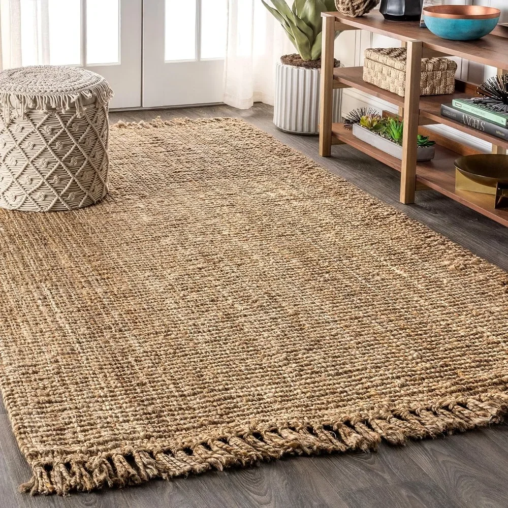 Hand Woven Chunky Jute with Fringe Indoor Area -rug Bohemian Farmhouse Easy -cleaning, 8 Ft X 10 Ft, Natural Color, Carpet