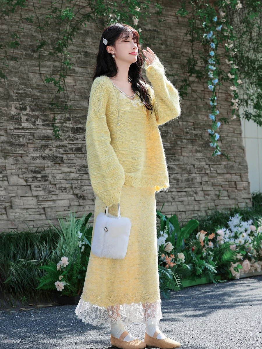 

Осенний повседневный вязаный свитер и юбка, украшенный жемчугом, комплект из двух предметов, женский ансамбль Faion, кружево с высокой талией