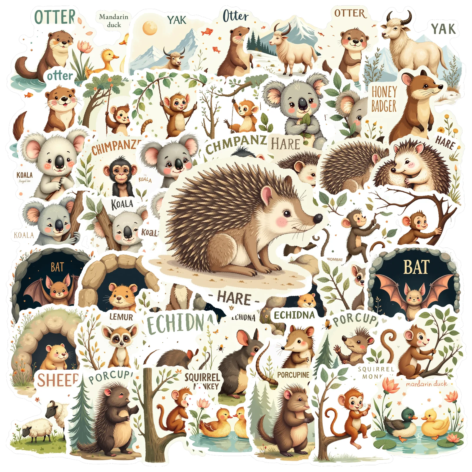 50pcs Hedgehog Monkey Climbing Tree Stickers Cute Cartoon Stationery Stickers Teacher Reward Stickers Students School Supplies