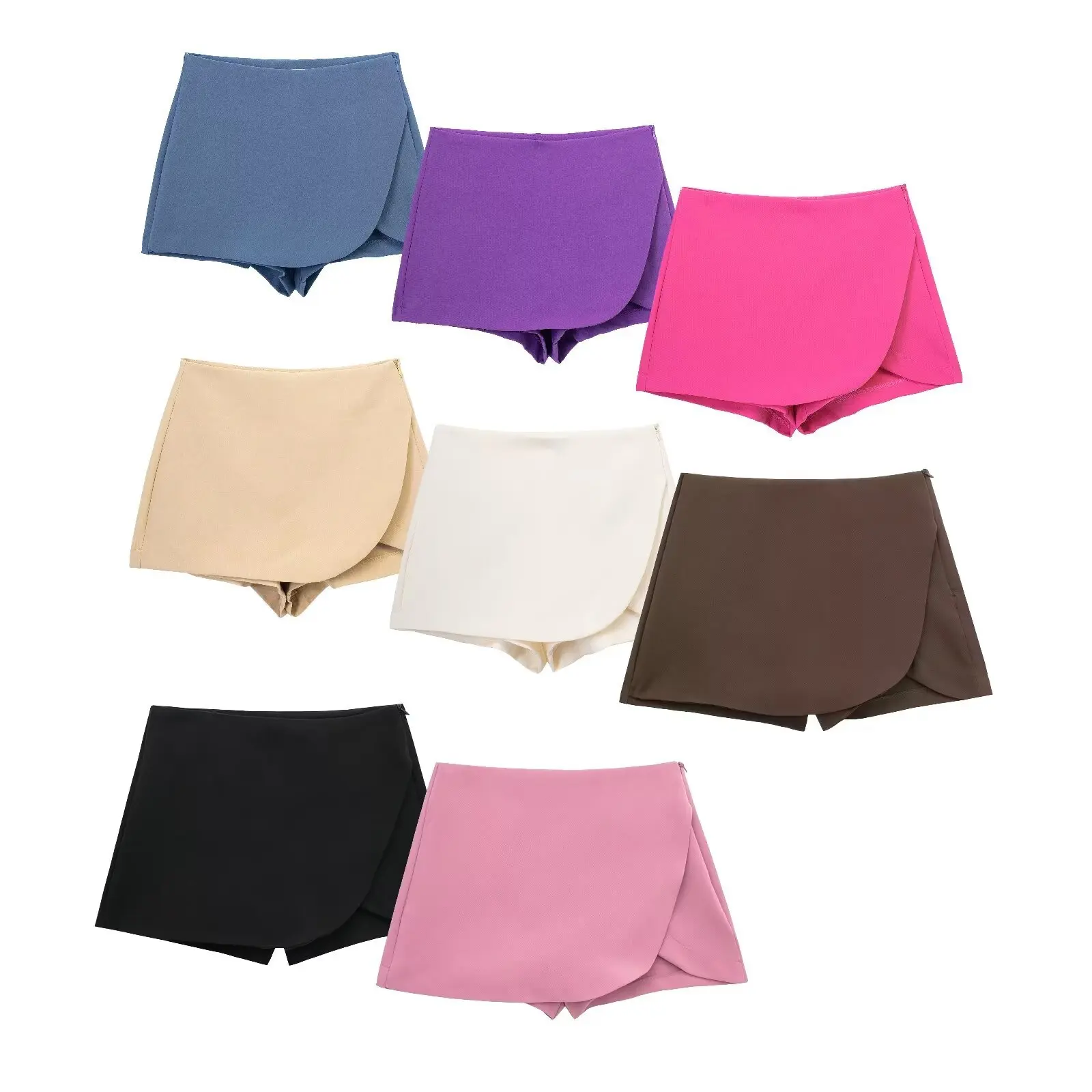New Women Fashion Candy Color Asymmetrical Shorts Skirts Lady Zipper Fly Pockets Hot Shorts Chic Pantalone