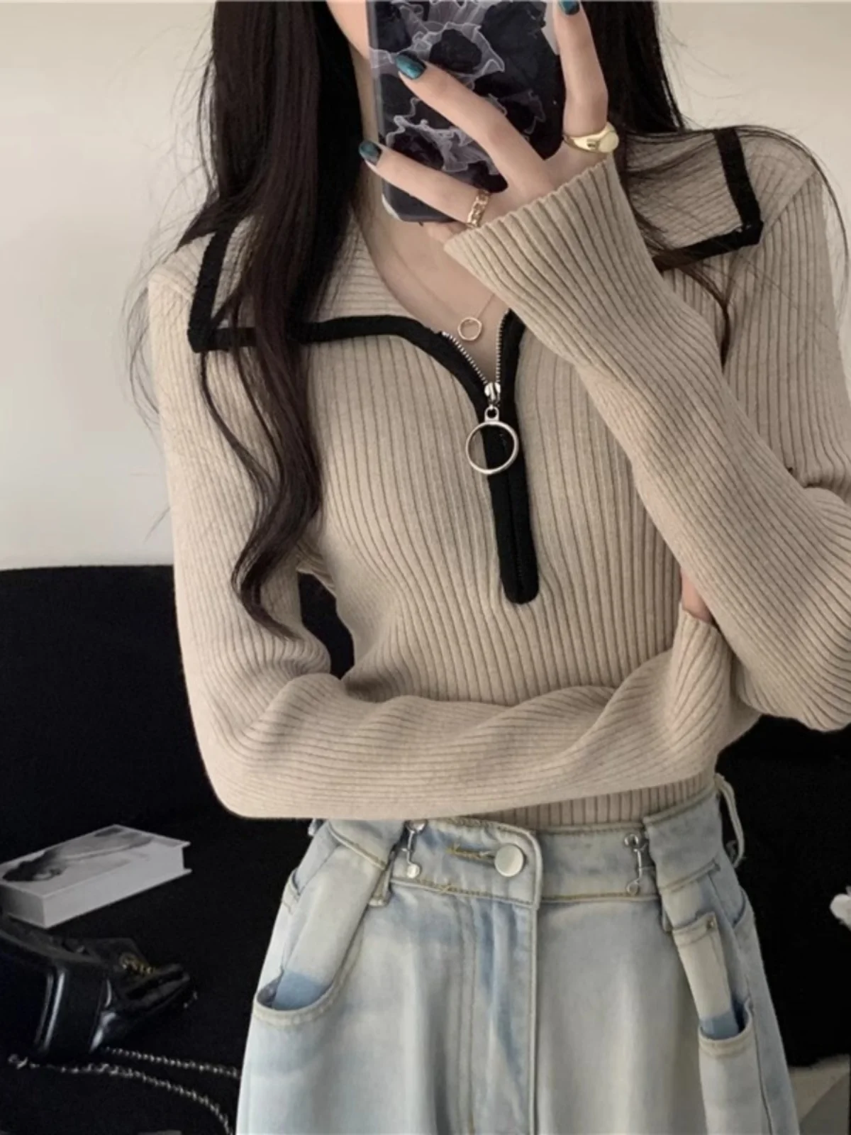 

American Zipper Ne High-End Knitted Top Women's Spring Autumn Design Lazy Base Layer Sweater Slim Fit Long Sve