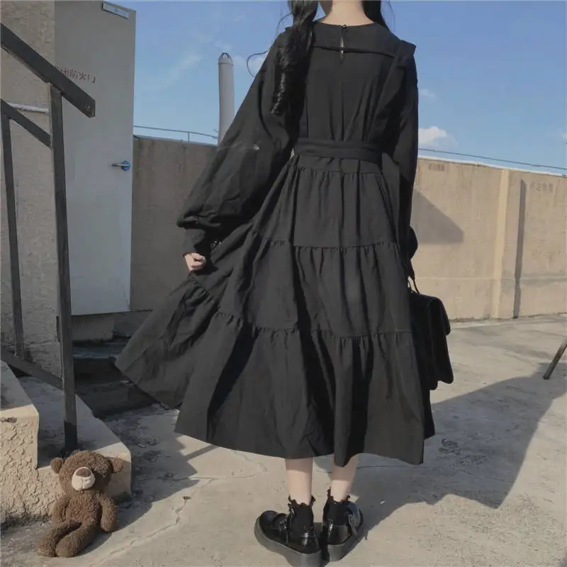Women Solid Ruffles Japanese Style Gothic Chic Long Sleeve Dress Lolita All-match Simple Solid O-neck Elegant Harajuku Mid-calf