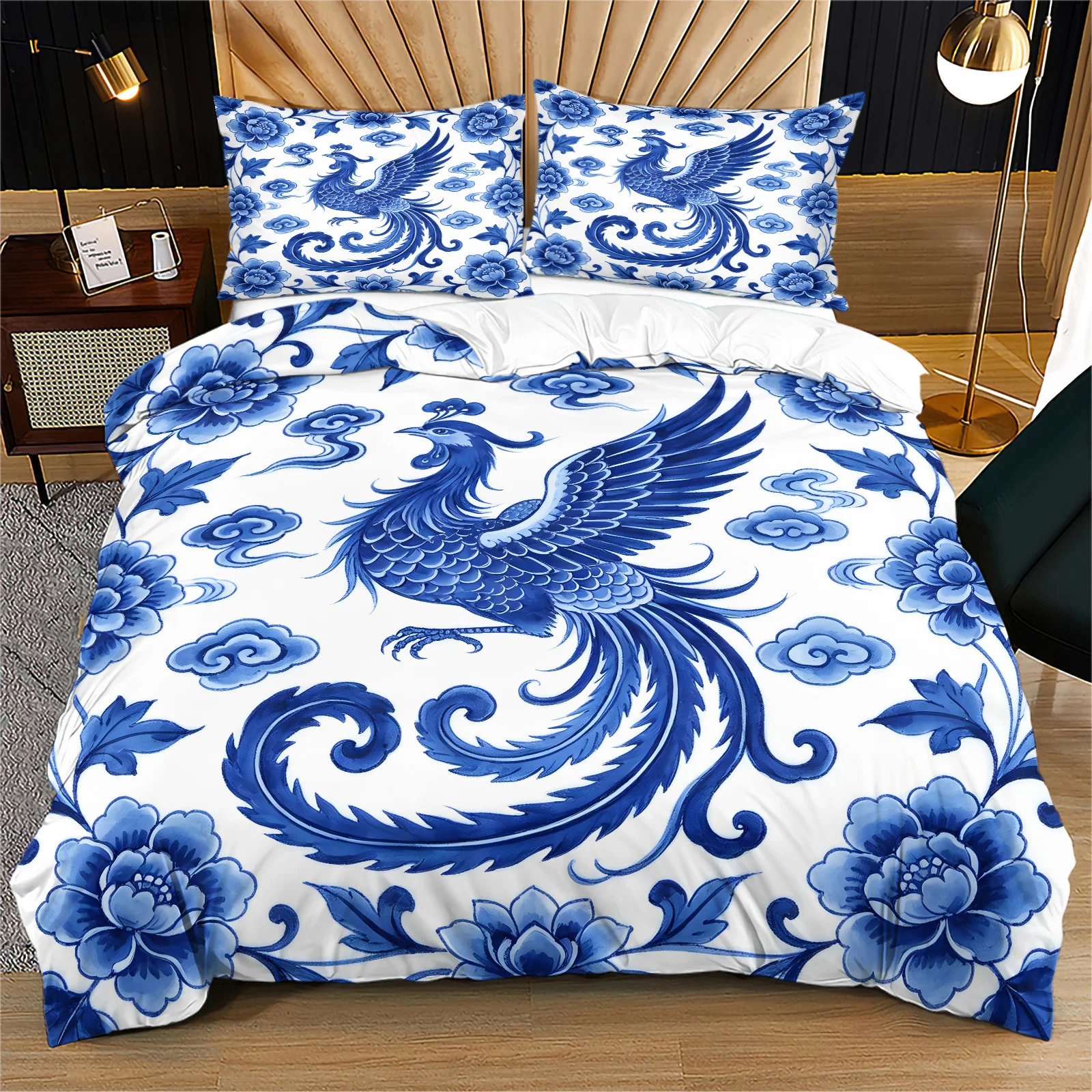 Blue and White Porcelain Phoenix Duvet Cover Set Chinese Style Peony Pattern Bedding Set Quilt Cover Oriental Home Bedroom Decor