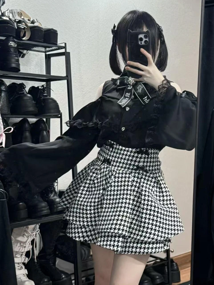 Gótico fora do ombro blusa preta houndstooth saia conjunto feminino y2k harajuku doce punk outfit manga larga superior saia de cintura alta