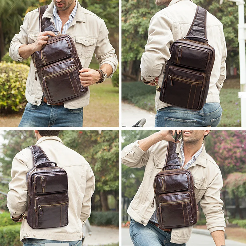 Retro Male Top Layer Cowhide Genuine Leather Shoulder Bags Waterproof Crossbody Travel Sling Messenger Pack Chest Bag for Men