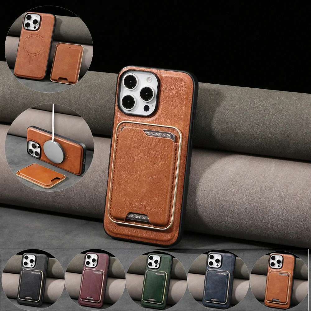 حافظة هاتف جلدية مغناطيسية خلفية لهاتف آيفون 16e 15 Pro Max 14 Plus 13 12 Pro مع غطاء بطاقة محمول قابل للإزالة