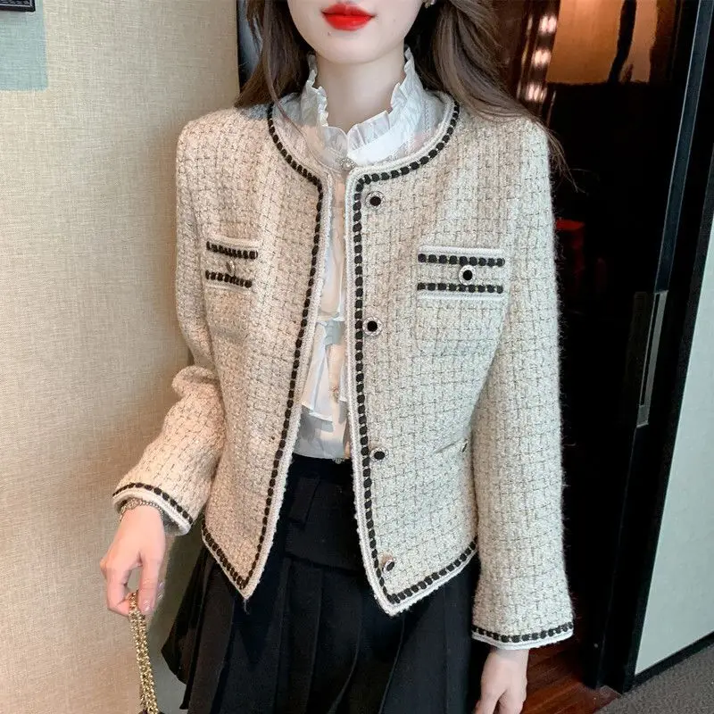 Women's coarse tweed apricot coat new autumn/winter small fragrant style woven belt temperament top coat