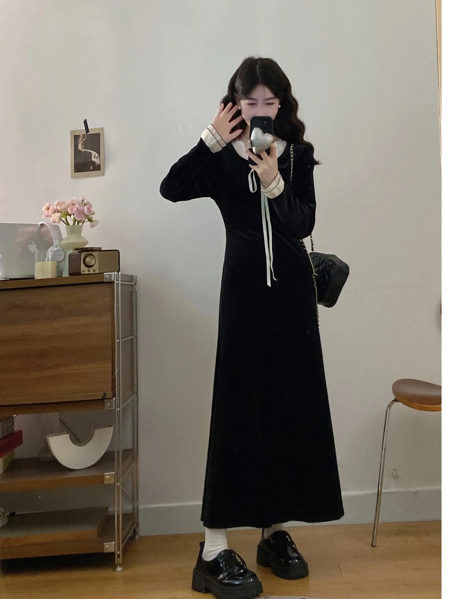 

plus Size Velvet Lace Patchwork Belted Women's Dr Autumn Winter New Sle Waist Cinching Long Dr Korean Sle Commute