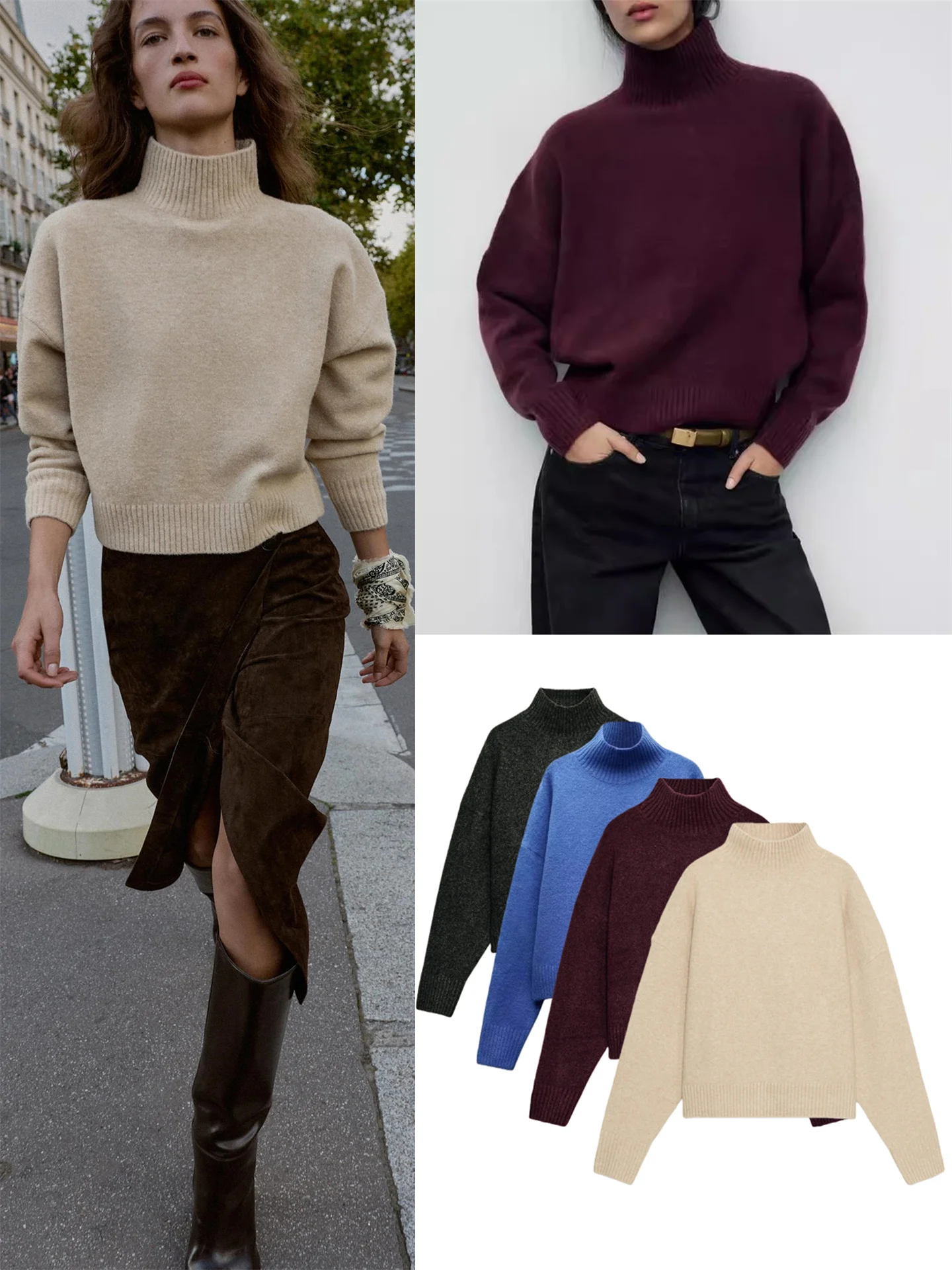 

Мягкий вязаный свитер с воротником-стойкой Long Sve, американский ленивый свитер, осенне-зимний женский модный простой облегающий топ