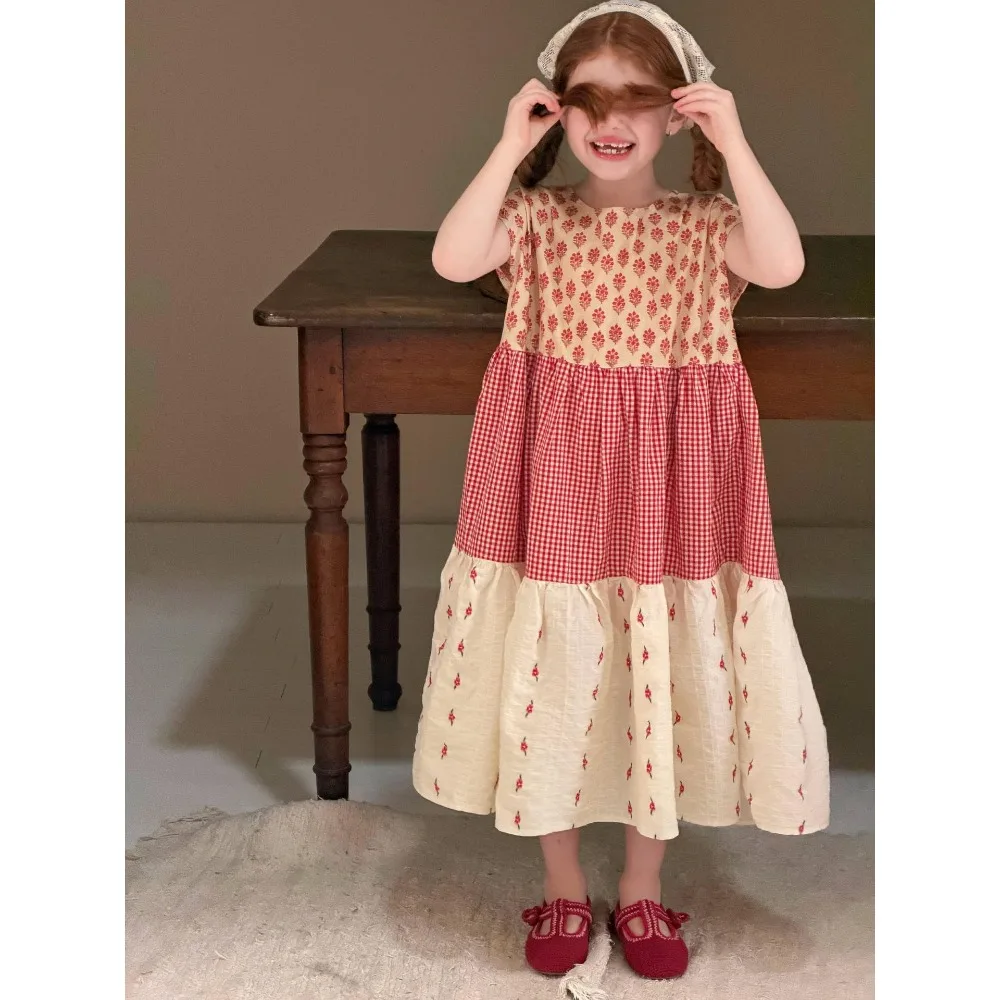 2026 Summer Girls Sleeveless Color Block Tank Dress, Korean Style Cotton Kids Dress  for 90-150cm
