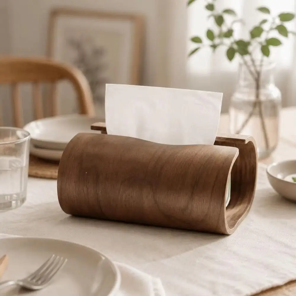 Rounded Edges Wooden Tissue Box Curved Structure Open-Sided Tissue Box Holder Luxury Style Facial Tissue Dispenser