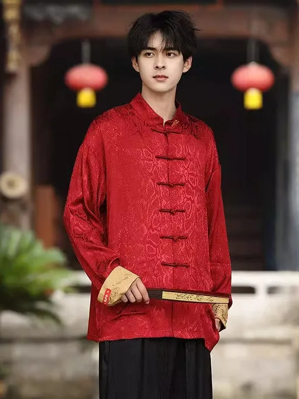 New Chinese Style Men's Shirt Spring Autumn Long Sleeve Button up Silk Simulation Tang Costume Retro Tea Ceremony Fashionable