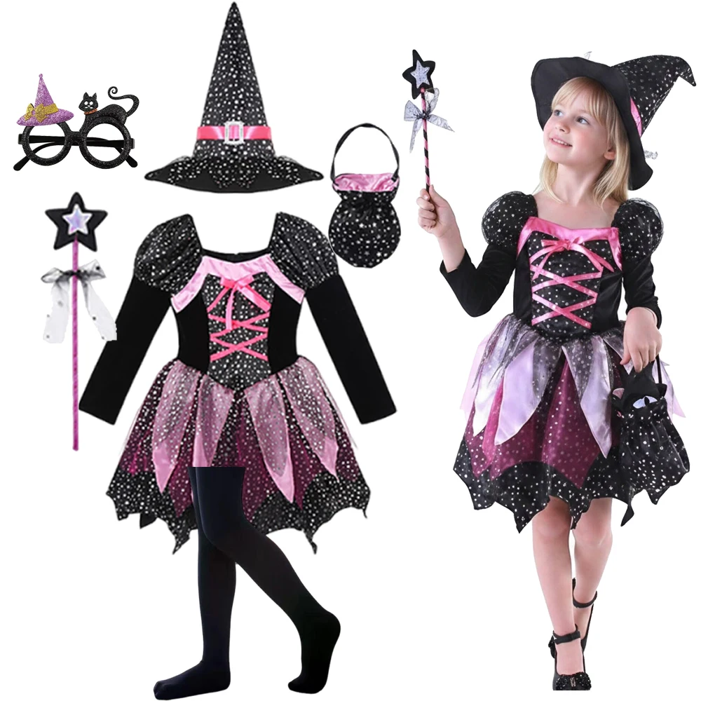 Mädchen 4-teiliges Hexenkostüm mit Hut, Tasche und Zauberstab für Halloween, Verkleidung, Kinderkarneval, Party, Cosplay, Kinderkleidung, Outfit